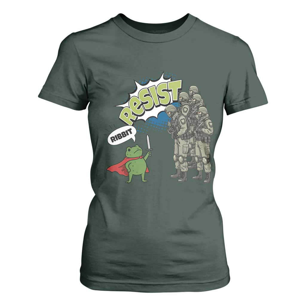 Funny Frog Protest Comic Graphic T Shirt For Women Ribbit Resist Stand Against TS02 Dark Forest Green Print Your Wear