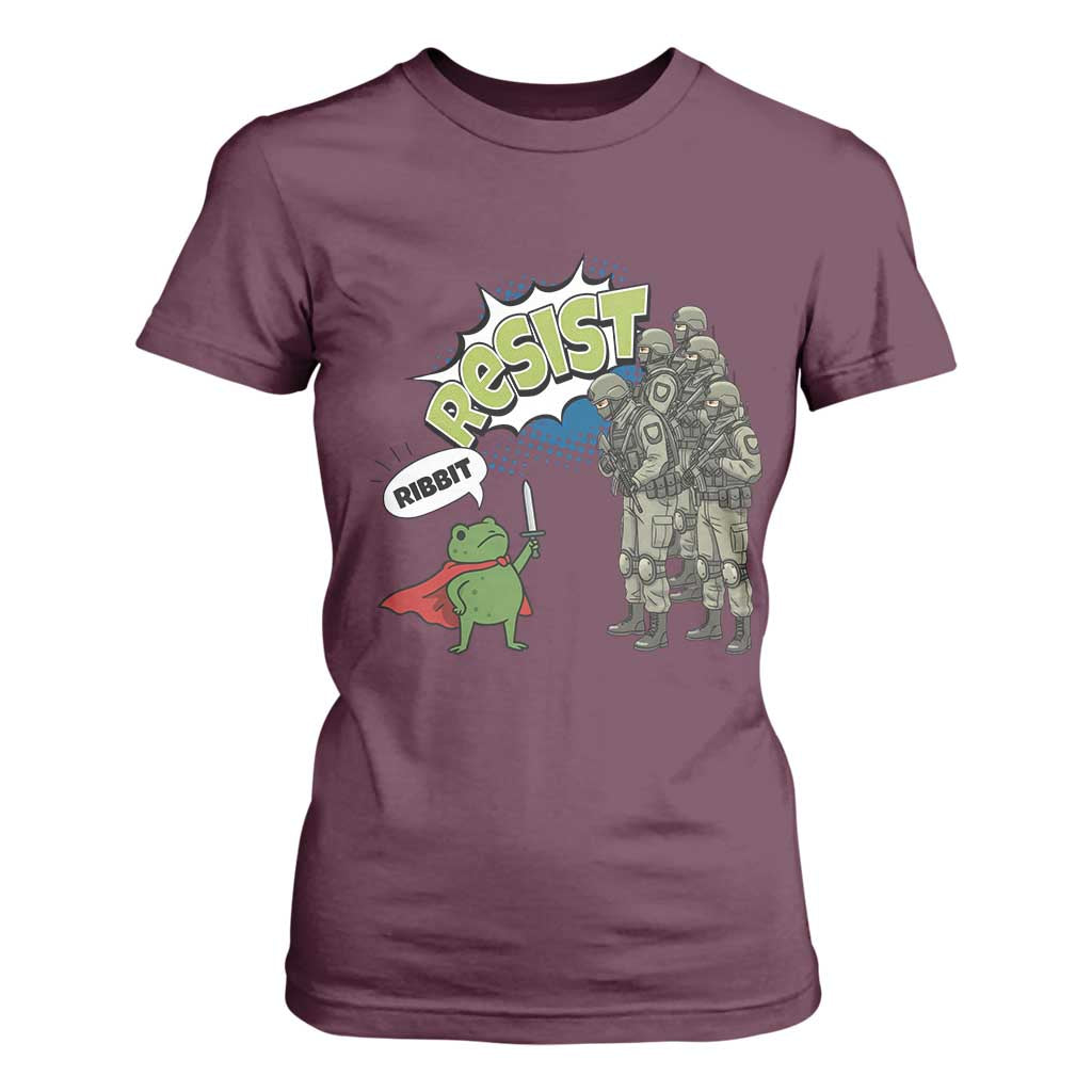 Funny Frog Protest Comic Graphic T Shirt For Women Ribbit Resist Stand Against TS02 Maroon Print Your Wear