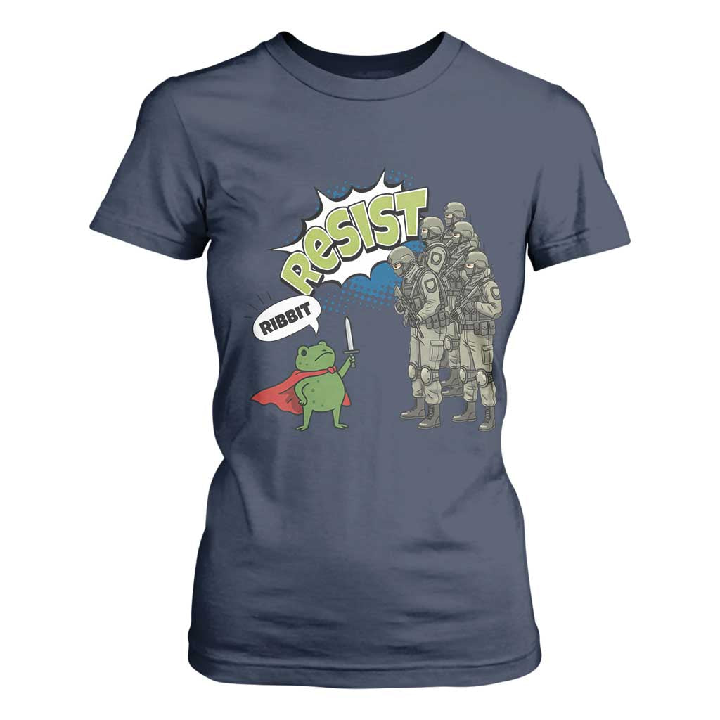 Funny Frog Protest Comic Graphic T Shirt For Women Ribbit Resist Stand Against TS02 Navy Print Your Wear