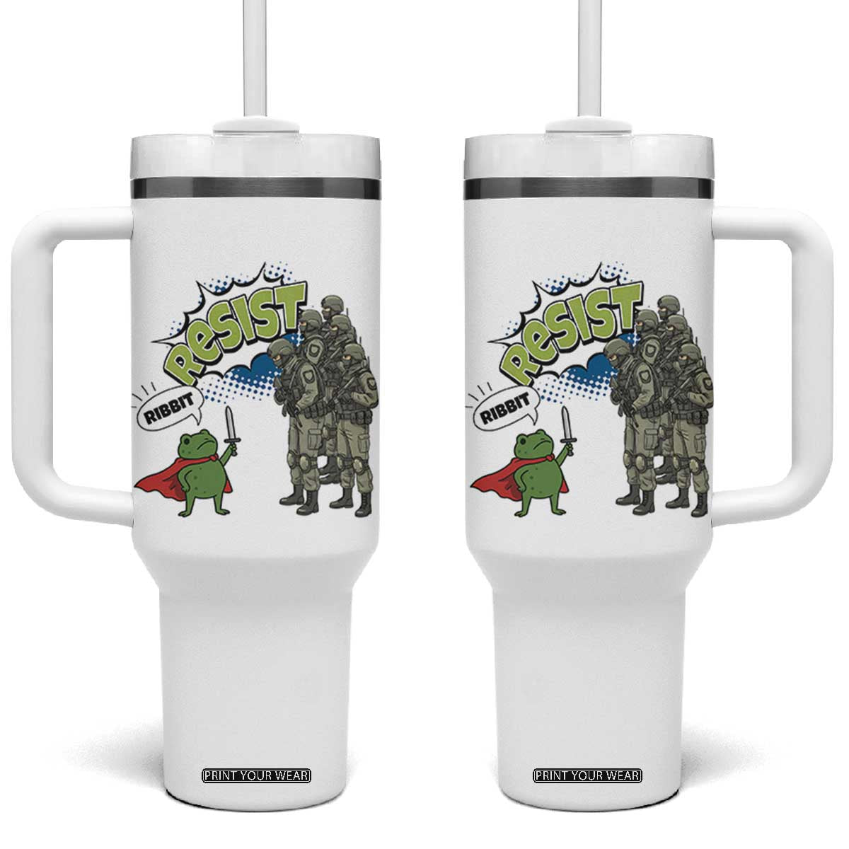 Funny Frog Protest Comic Graphic Tumbler With Handle Ribbit Resist Stand Against TS02 One Size: 40 oz White Print Your Wear