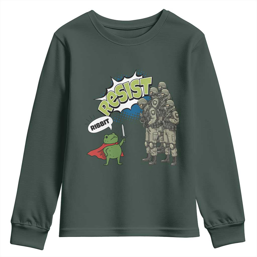 Funny Frog Protest Comic Graphic Youth Sweatshirt Ribbit Resist Stand Against TS02 Dark Forest Green Print Your Wear