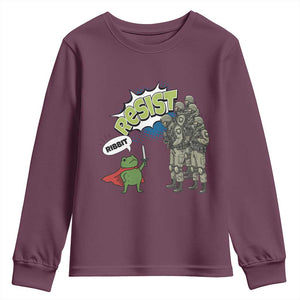 Funny Frog Protest Comic Graphic Youth Sweatshirt Ribbit Resist Stand Against TS02 Maroon Print Your Wear