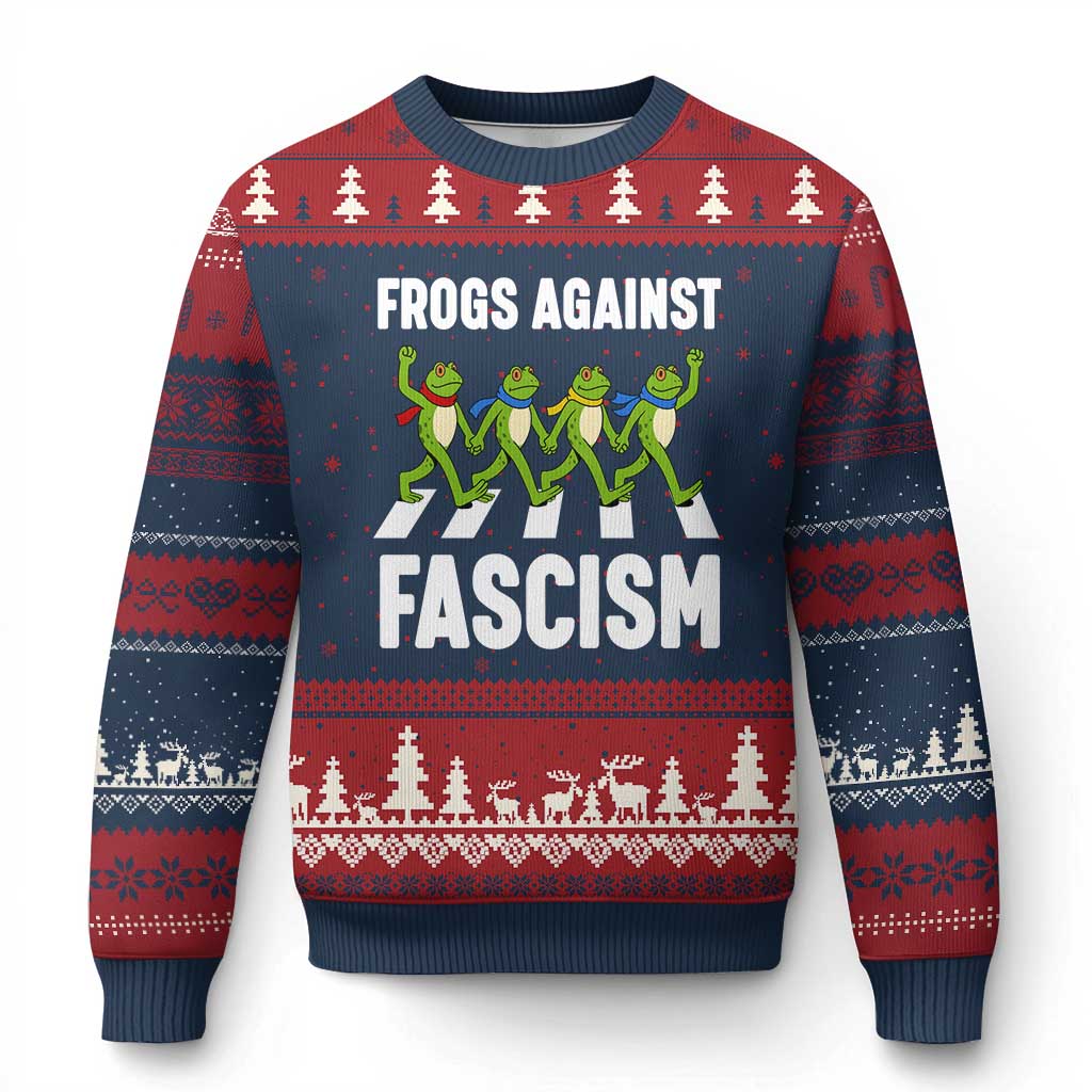 Walking Frog Against Fascism Ugly Christmas Sweater Frogs Band Resistance Protest - Print Your Wear