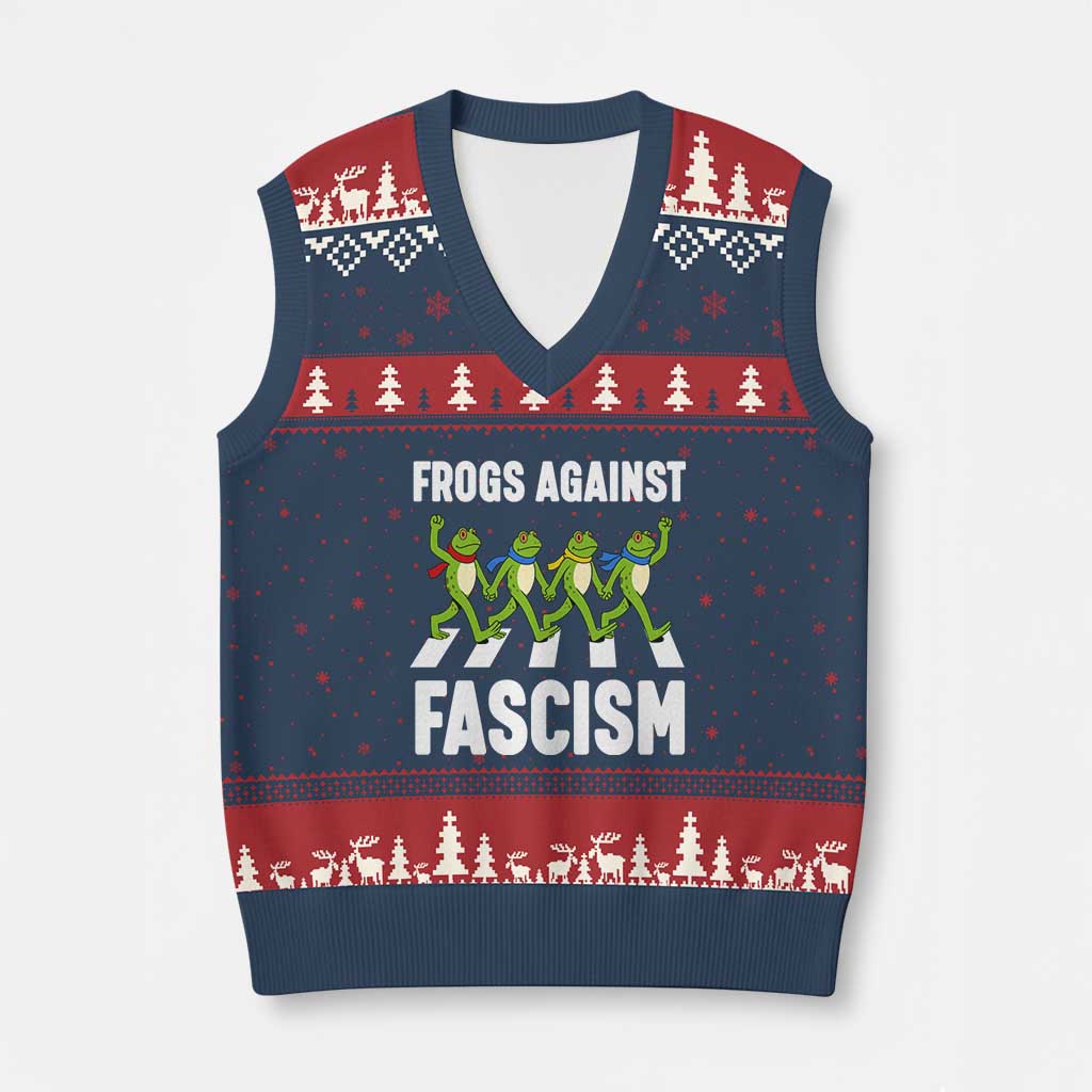 Walking Frog Against Fascism V-Neck Knit Sweater Vest Frogs Band Resistance Protest TS02 Navy Red Print Your Wear