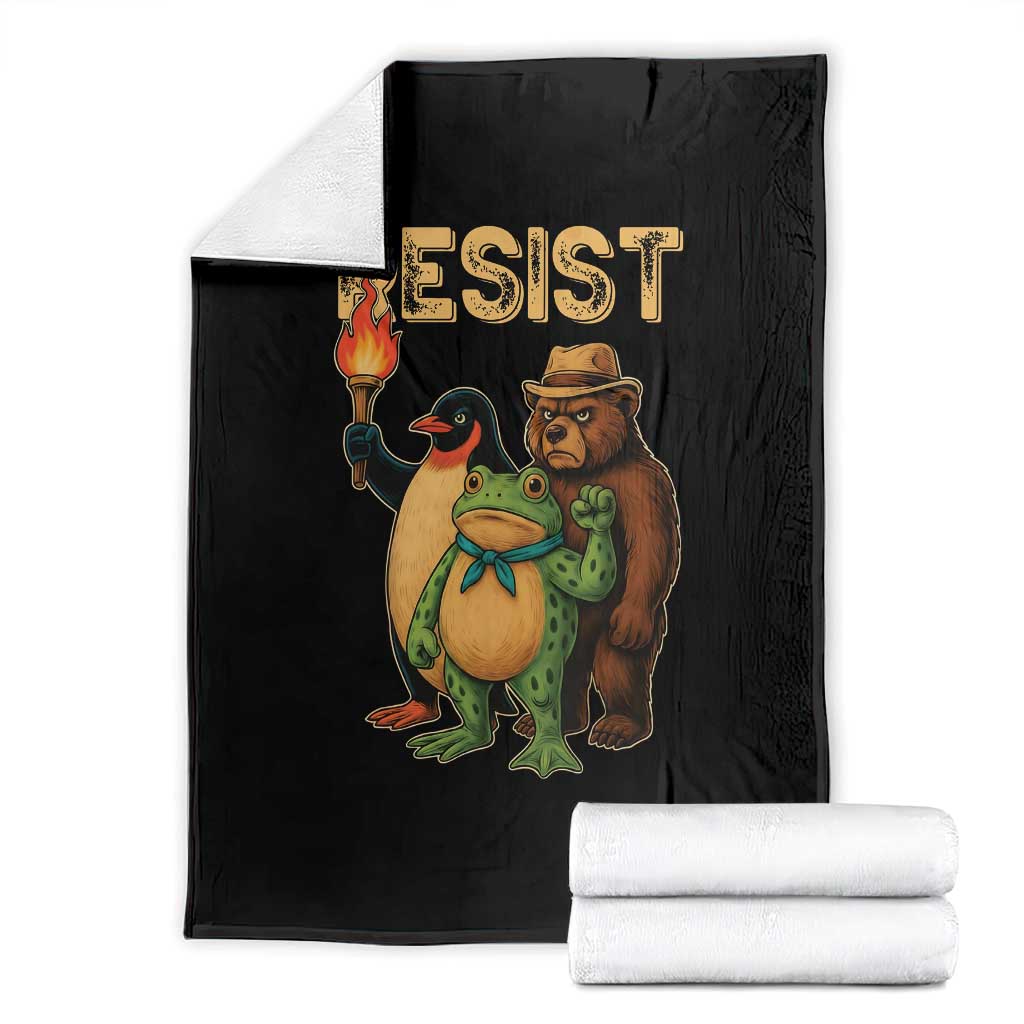 Resist Social Club 2025 Throw Blanket Bear Penguin Frog Protest Unity for Social Justice - Print Your Wear