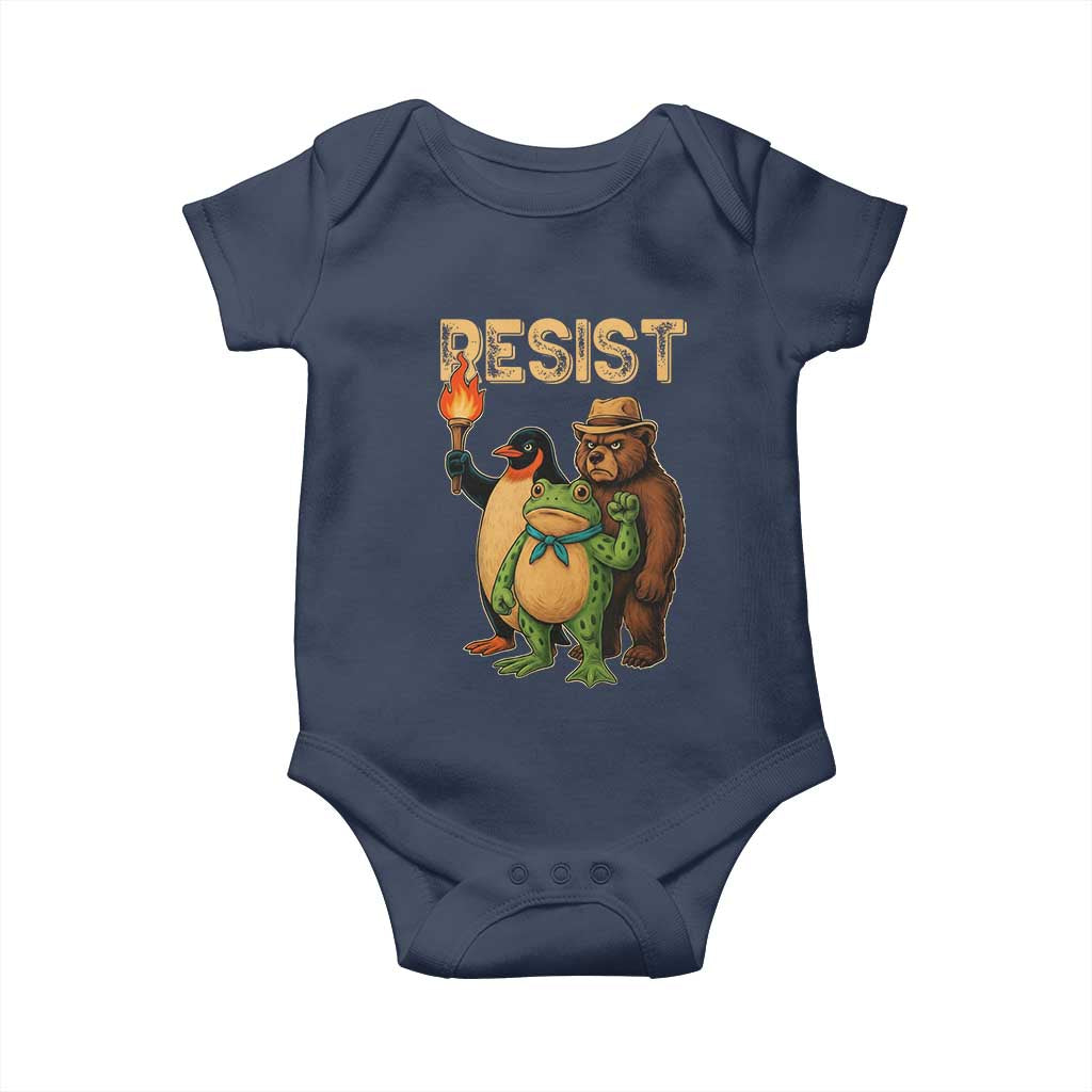 Resist Social Club 2025 Baby Onesie Bear Penguin Frog Protest Unity for Social Justice TS02 Navy Print Your Wear