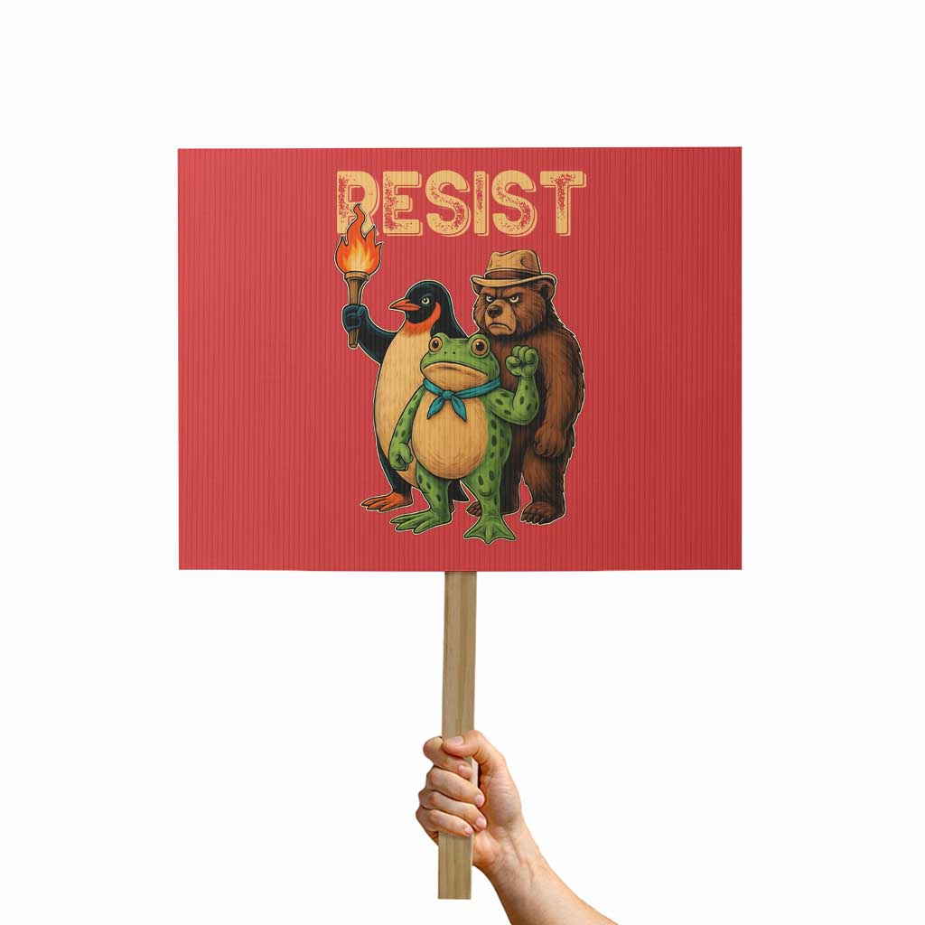 Resist Social Club 2025 Protest Sign Bear Penguin Frog Protest Unity for Social Justice TS02 Horizontal 18" × 24" Red Print Your Wear