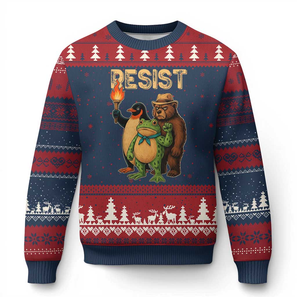 Resist Social Club 2025 Ugly Christmas Sweater Bear Penguin Frog Protest Unity for Social Justice TS02 Navy Red Print Your Wear