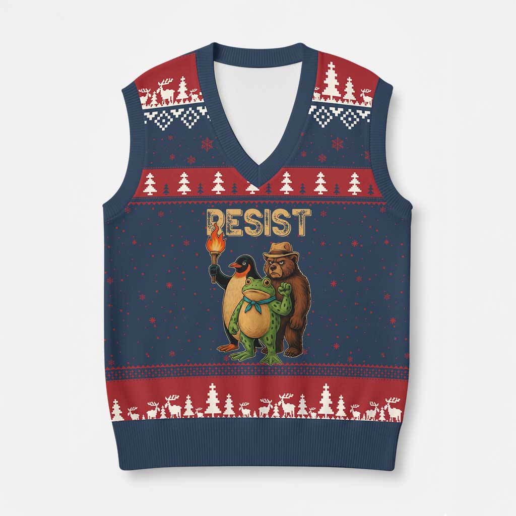 Resist Social Club 2025 V-Neck Knit Sweater Vest Bear Penguin Frog Protest Unity for Social Justice - Print Your Wear