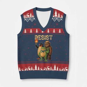 Resist Social Club 2025 V-Neck Knit Sweater Vest Bear Penguin Frog Protest Unity for Social Justice - Print Your Wear