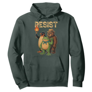 Resist Social Club 2025 Hoodie Bear Penguin Frog Protest Unity for Social Justice TS02 Dark Forest Green Print Your Wear