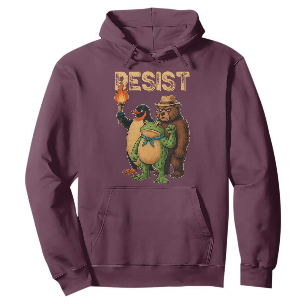 Resist Social Club 2025 Hoodie Bear Penguin Frog Protest Unity for Social Justice TS02 Maroon Print Your Wear