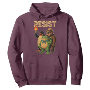 Resist Social Club 2025 Hoodie Bear Penguin Frog Protest Unity for Social Justice TS02 Maroon Print Your Wear