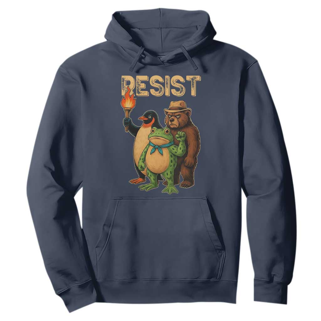 Resist Social Club 2025 Hoodie Bear Penguin Frog Protest Unity for Social Justice TS02 Navy Print Your Wear