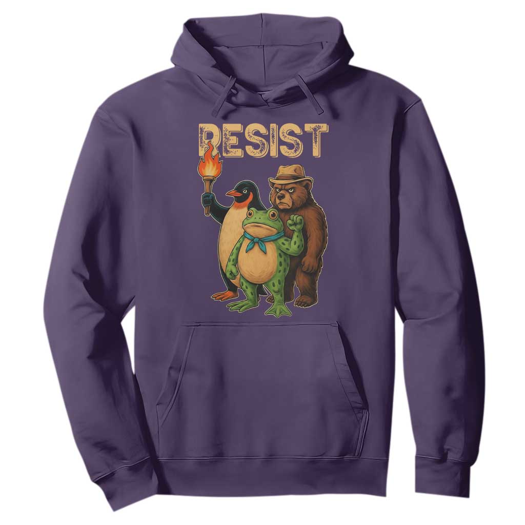 Resist Social Club 2025 Hoodie Bear Penguin Frog Protest Unity for Social Justice TS02 Purple Print Your Wear