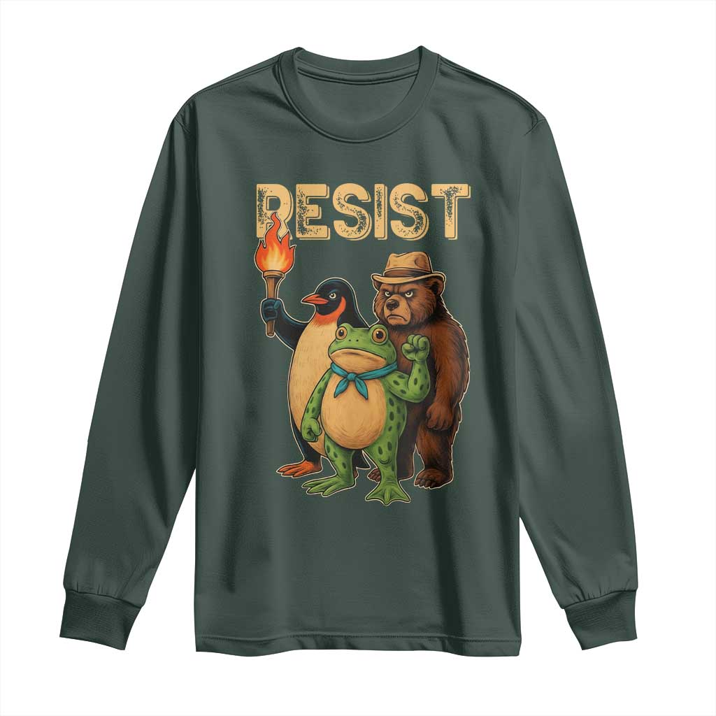 Resist Social Club 2025 Long Sleeve Shirt Bear Penguin Frog Protest Unity for Social Justice TS02 Dark Forest Green Print Your Wear