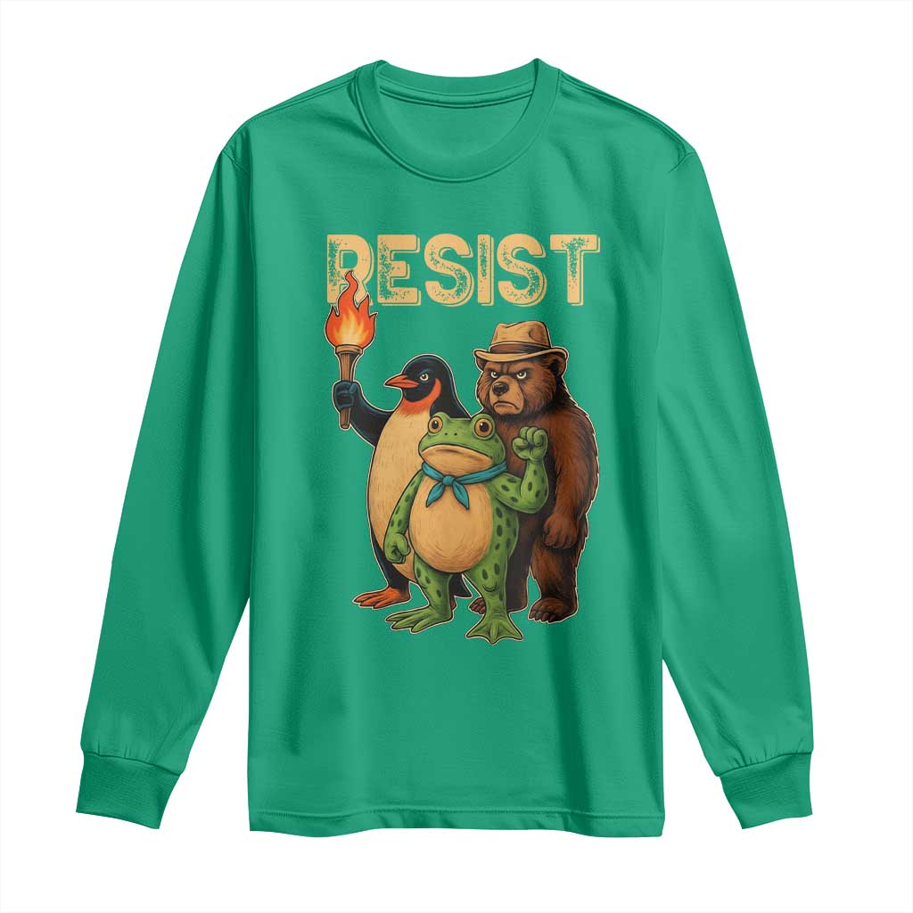 Resist Social Club 2025 Long Sleeve Shirt Bear Penguin Frog Protest Unity for Social Justice TS02 Irish Green Print Your Wear