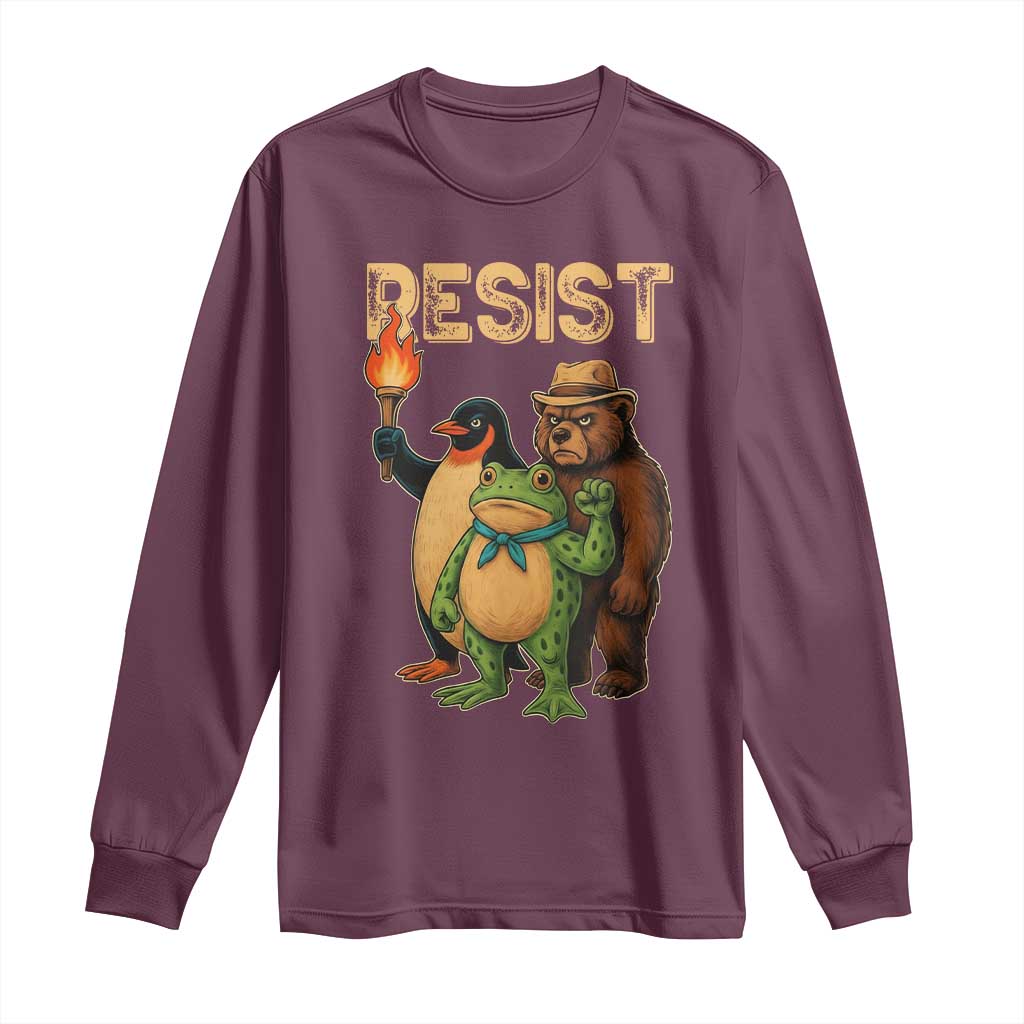 Resist Social Club 2025 Long Sleeve Shirt Bear Penguin Frog Protest Unity for Social Justice TS02 Maroon Print Your Wear