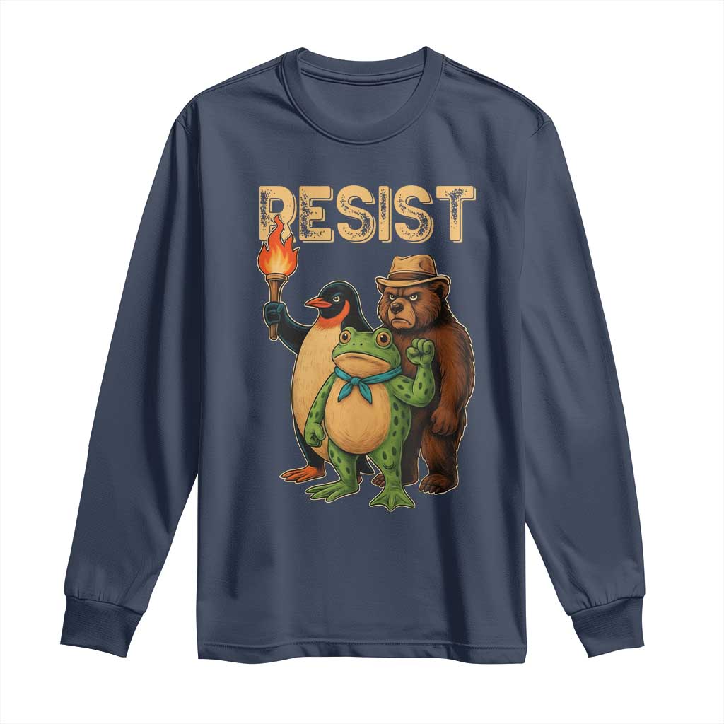 Resist Social Club 2025 Long Sleeve Shirt Bear Penguin Frog Protest Unity for Social Justice TS02 Navy Print Your Wear