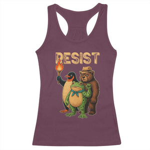 Resist Social Club 2025 Racerback Tank Top Bear Penguin Frog Protest Unity for Social Justice TS02 Maroon Print Your Wear