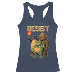 Resist Social Club 2025 Racerback Tank Top Bear Penguin Frog Protest Unity for Social Justice TS02 Navy Print Your Wear
