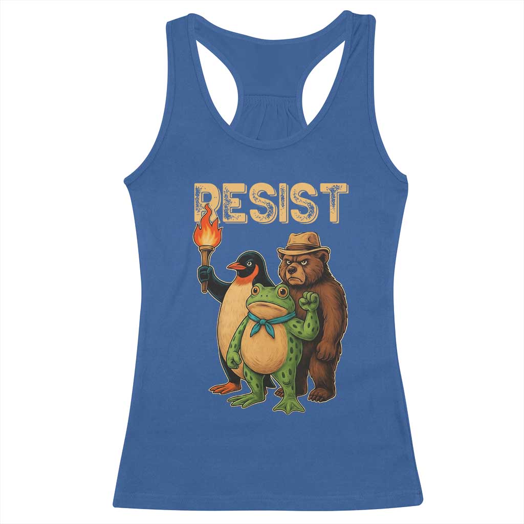 Resist Social Club 2025 Racerback Tank Top Bear Penguin Frog Protest Unity for Social Justice TS02 Royal Blue Print Your Wear