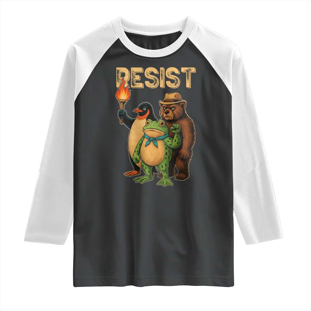 Resist Social Club 2025 Raglan Shirt Bear Penguin Frog Protest Unity for Social Justice - Print Your Wear