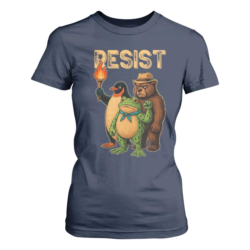 Resist Social Club 2025 T Shirt For Women Bear Penguin Frog Protest Unity for Social Justice TS02 Navy Print Your Wear