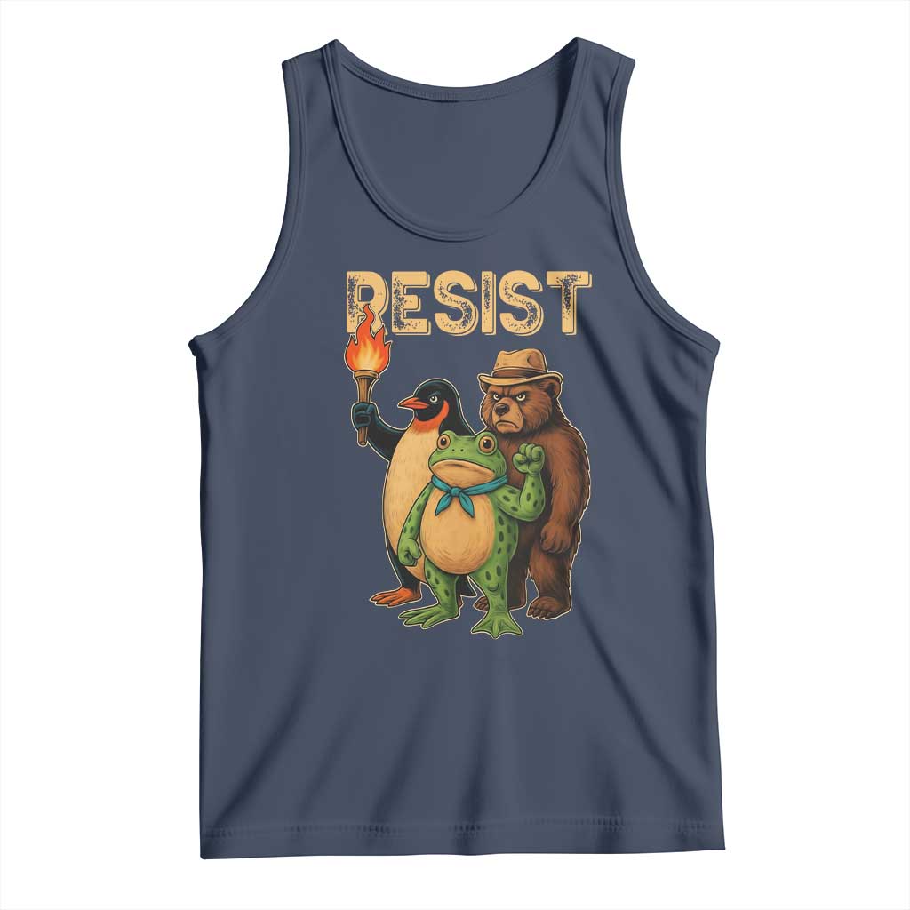Resist Social Club 2025 Tank Top Bear Penguin Frog Protest Unity for Social Justice TS02 Navy Print Your Wear