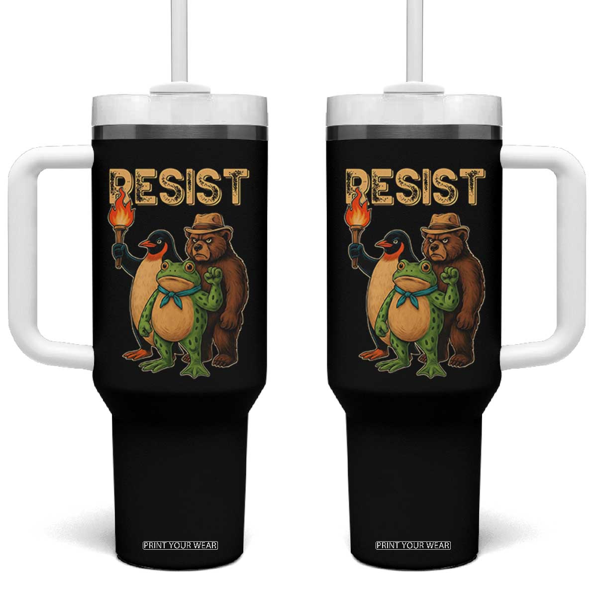 Resist Social Club 2025 Tumbler With Handle Bear Penguin Frog Protest Unity for Social Justice - Print Your Wear