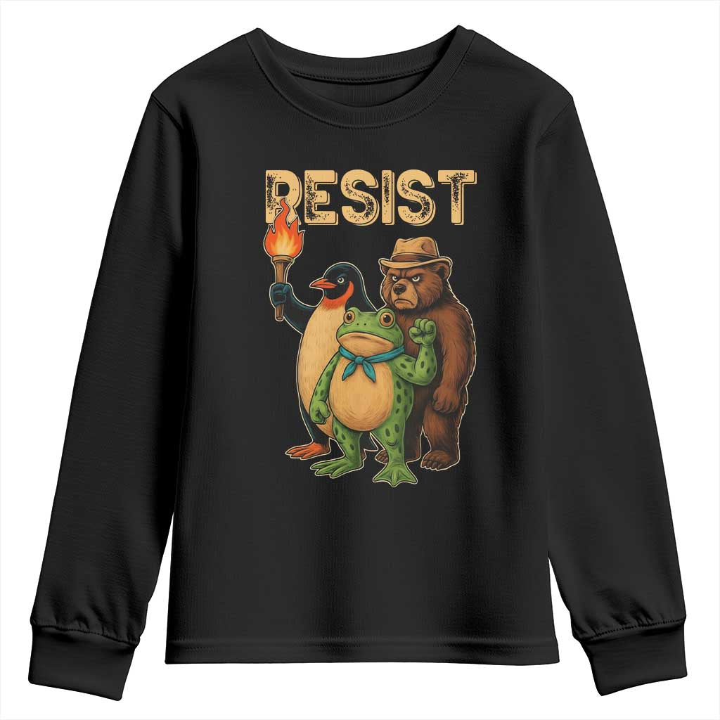 Resist Social Club 2025 Youth Sweatshirt Bear Penguin Frog Protest Unity for Social Justice - Print Your Wear