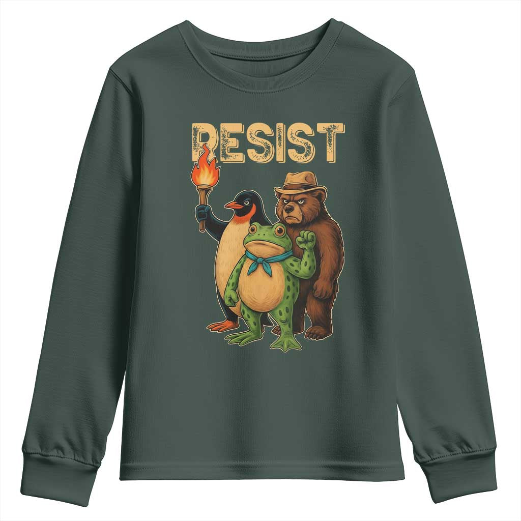 Resist Social Club 2025 Youth Sweatshirt Bear Penguin Frog Protest Unity for Social Justice TS02 Dark Forest Green Print Your Wear