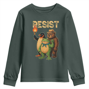 Resist Social Club 2025 Youth Sweatshirt Bear Penguin Frog Protest Unity for Social Justice TS02 Dark Forest Green Print Your Wear