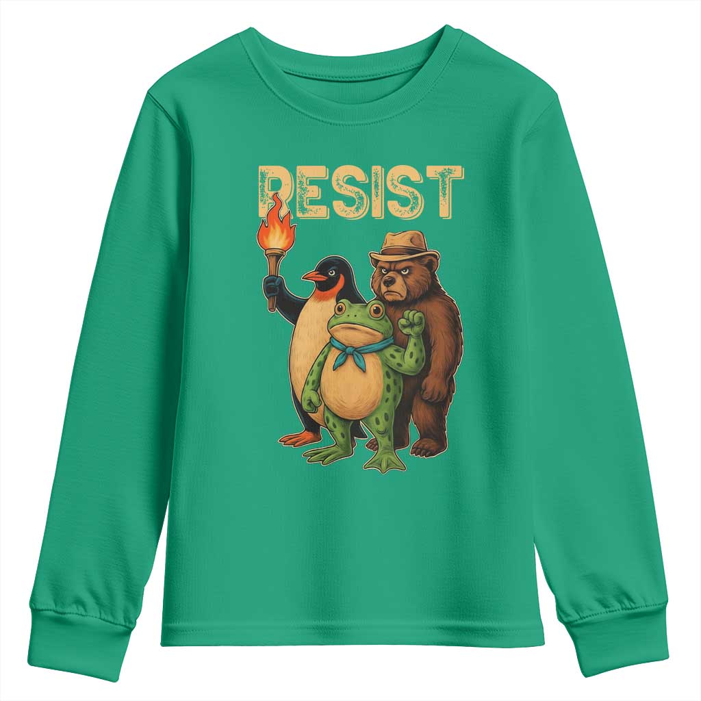 Resist Social Club 2025 Youth Sweatshirt Bear Penguin Frog Protest Unity for Social Justice TS02 Irish Green Print Your Wear