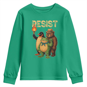 Resist Social Club 2025 Youth Sweatshirt Bear Penguin Frog Protest Unity for Social Justice TS02 Irish Green Print Your Wear