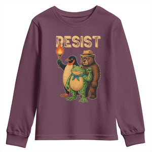 Resist Social Club 2025 Youth Sweatshirt Bear Penguin Frog Protest Unity for Social Justice TS02 Maroon Print Your Wear