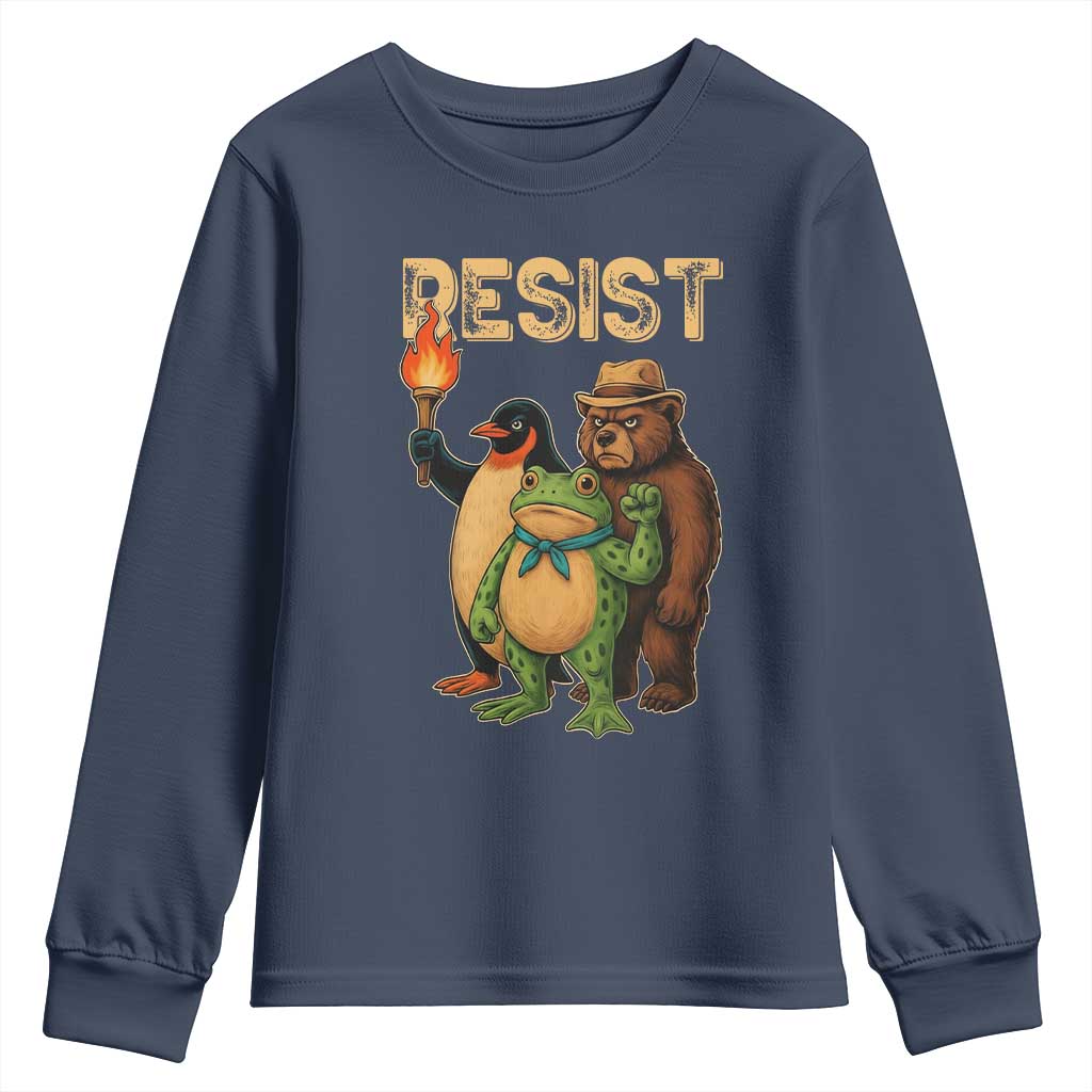 Resist Social Club 2025 Youth Sweatshirt Bear Penguin Frog Protest Unity for Social Justice TS02 Navy Print Your Wear