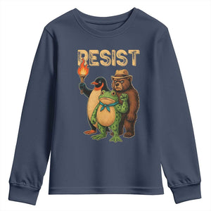 Resist Social Club 2025 Youth Sweatshirt Bear Penguin Frog Protest Unity for Social Justice TS02 Navy Print Your Wear