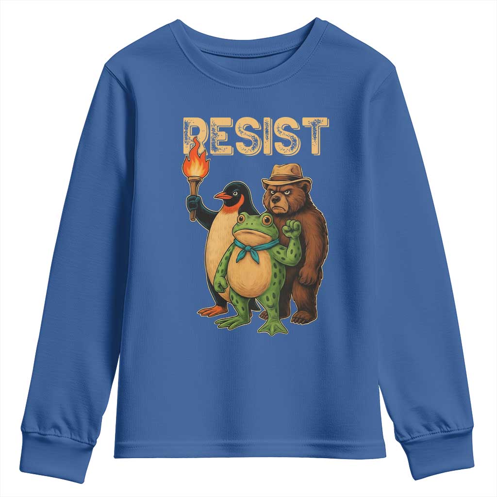 Resist Social Club 2025 Youth Sweatshirt Bear Penguin Frog Protest Unity for Social Justice TS02 Royal Blue Print Your Wear