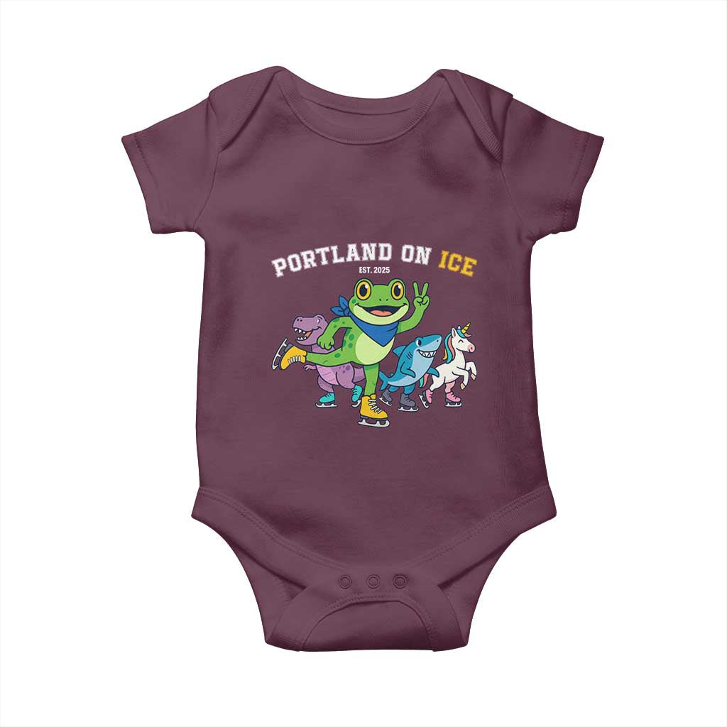 Portland On Ice 2025 Baby Onesie Resist Frog and Inflatable Animals Protest Sarcastic Politics TS02 Maroon Print Your Wear
