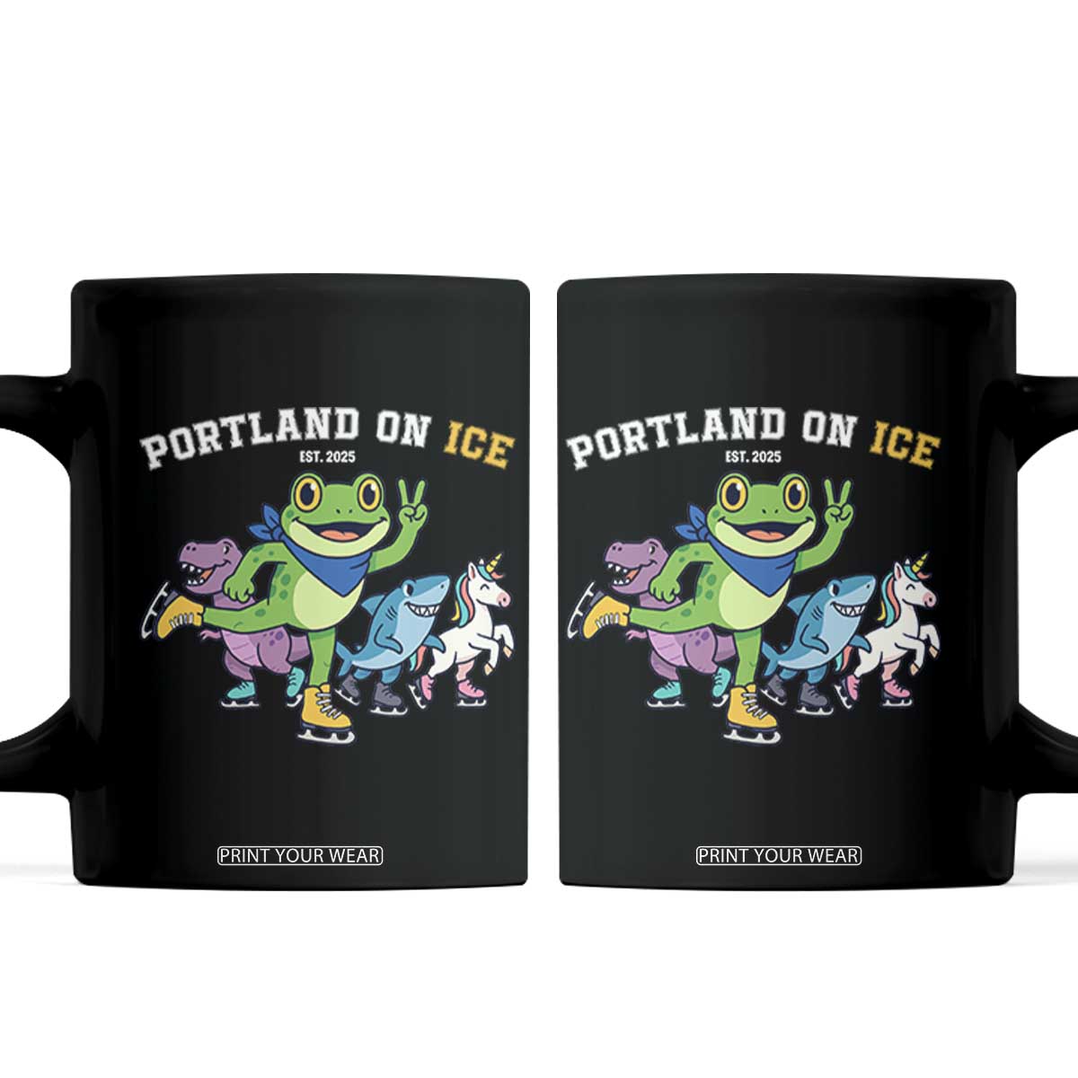 Portland On Ice 2025 Coffee Mug Resist Frog and Inflatable Animals Protest Sarcastic Politics TS02 Black Print Your Wear