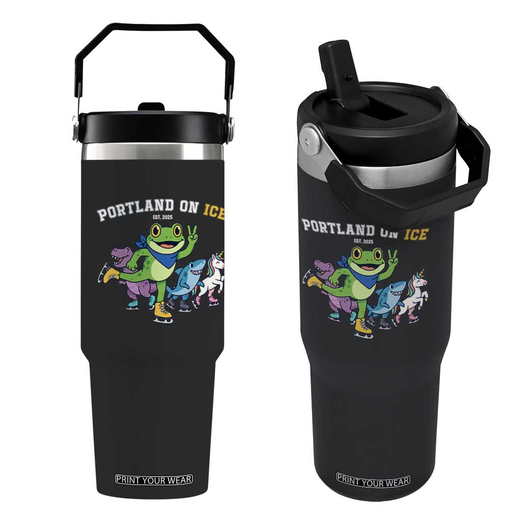 Portland On Ice 2025 Flip Straw Tumbler Resist Frog and Inflatable Animals Protest Sarcastic Politics TS02 One Size: 30 oz Black Print Your Wear