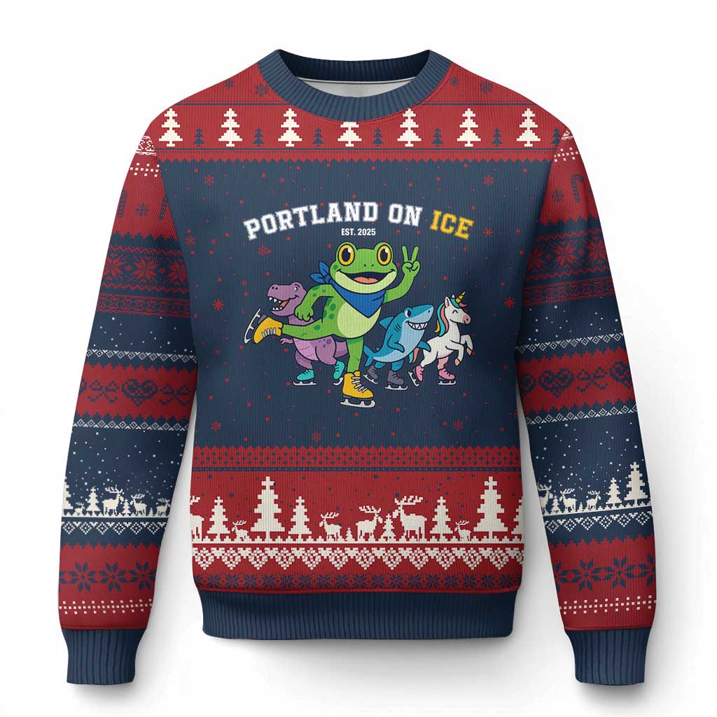Portland On Ice 2025 Ugly Christmas Sweater Resist Frog and Inflatable Animals Protest Sarcastic Politics TS02 Navy Red Print Your Wear