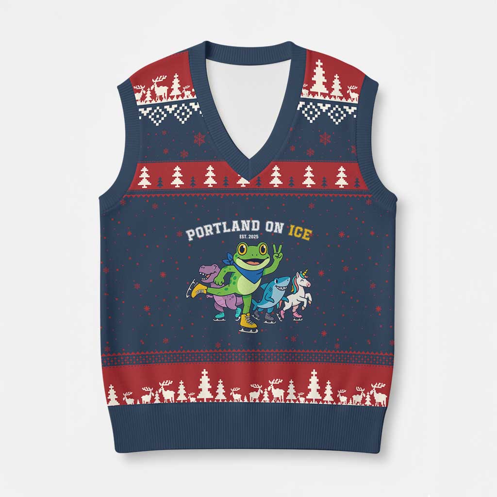 Portland On Ice 2025 V-Neck Knit Sweater Vest Resist Frog and Inflatable Animals Protest Sarcastic Politics - Print Your Wear