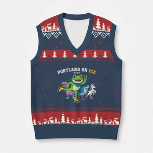 Portland On Ice 2025 V-Neck Knit Sweater Vest Resist Frog and Inflatable Animals Protest Sarcastic Politics - Print Your Wear