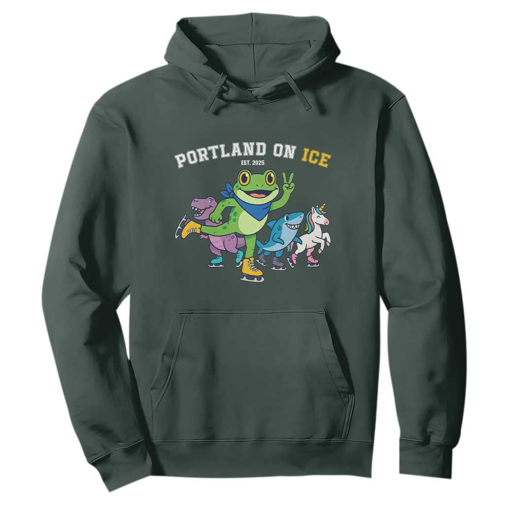 Portland On Ice 2025 Hoodie Resist Frog and Inflatable Animals Protest Sarcastic Politics TS02 Dark Forest Green Print Your Wear