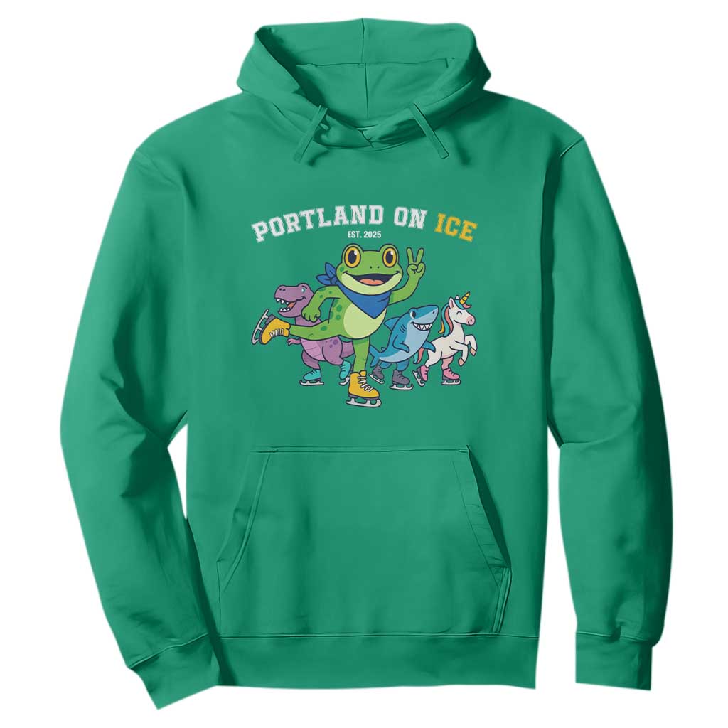 Portland On Ice 2025 Hoodie Resist Frog and Inflatable Animals Protest Sarcastic Politics TS02 Irish Green Print Your Wear