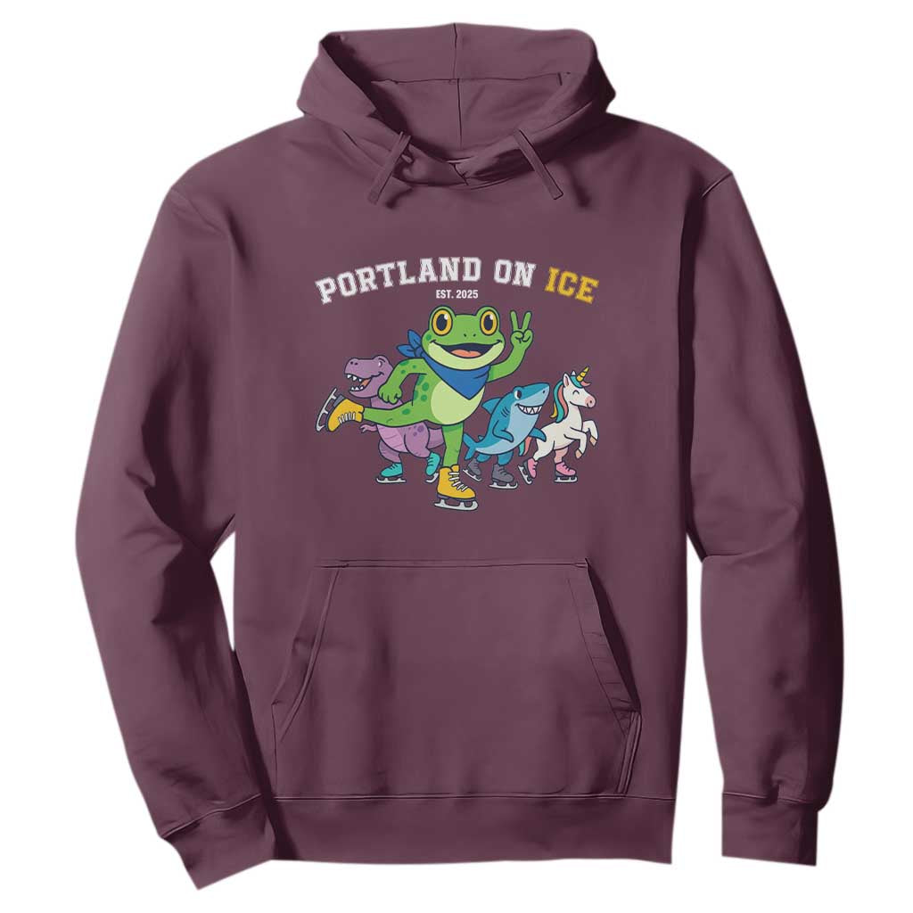 Portland On Ice 2025 Hoodie Resist Frog and Inflatable Animals Protest Sarcastic Politics TS02 Maroon Print Your Wear
