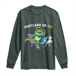 Portland On Ice 2025 Long Sleeve Shirt Resist Frog and Inflatable Animals Protest Sarcastic Politics TS02 Dark Forest Green Print Your Wear