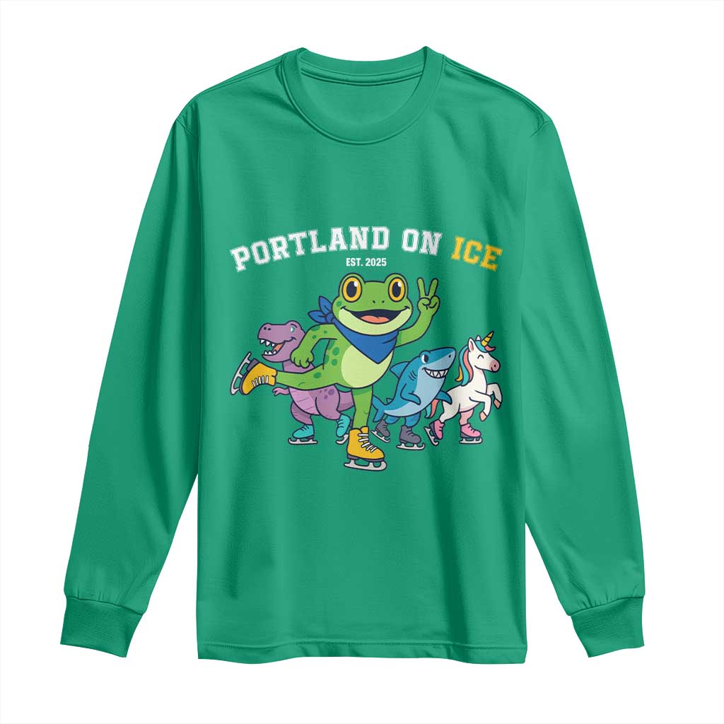 Portland On Ice 2025 Long Sleeve Shirt Resist Frog and Inflatable Animals Protest Sarcastic Politics TS02 Irish Green Print Your Wear